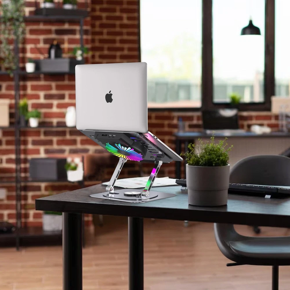 Laptop Stand,with 360°Rotating Base,External Cooling Fan,Adjustable RGB Lig