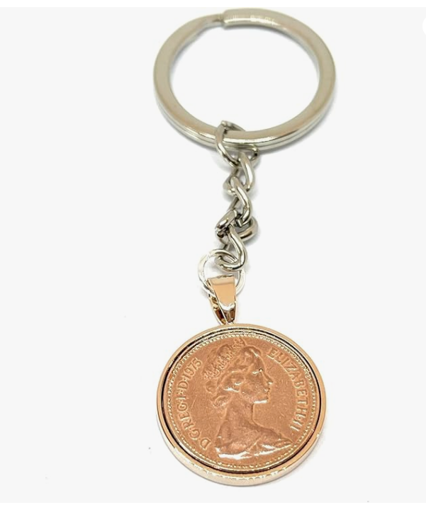 50th Birthday One Pence coin keyring Rose Gold Plated Mount