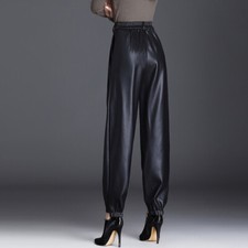 Women Girl Tapered Faux Leather Pants Trousers Frill Pleated Fleece-lined Retro