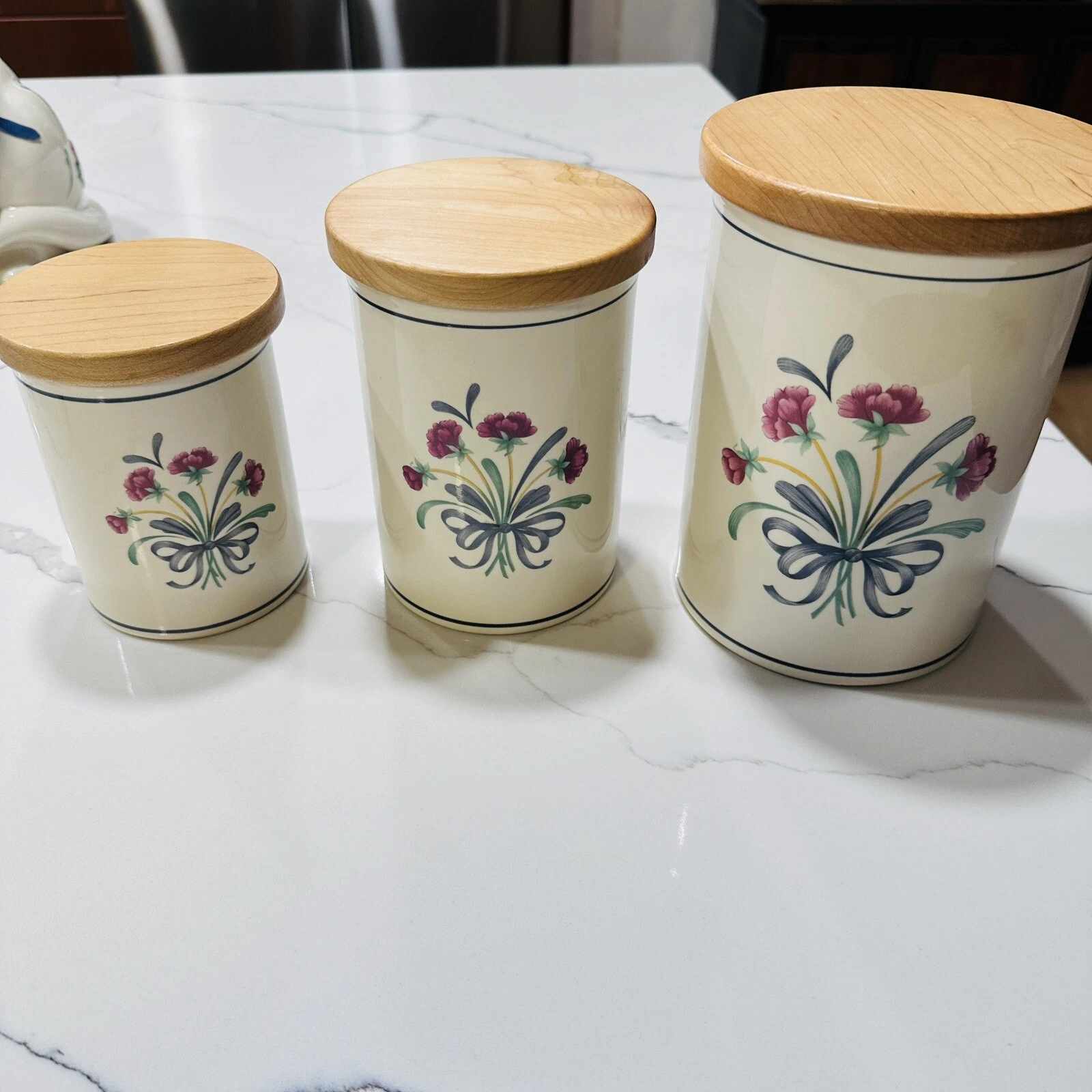 Lenox Poppies On Blue Floral Chinastone Wood Lid Round Canister Set of 3 USA