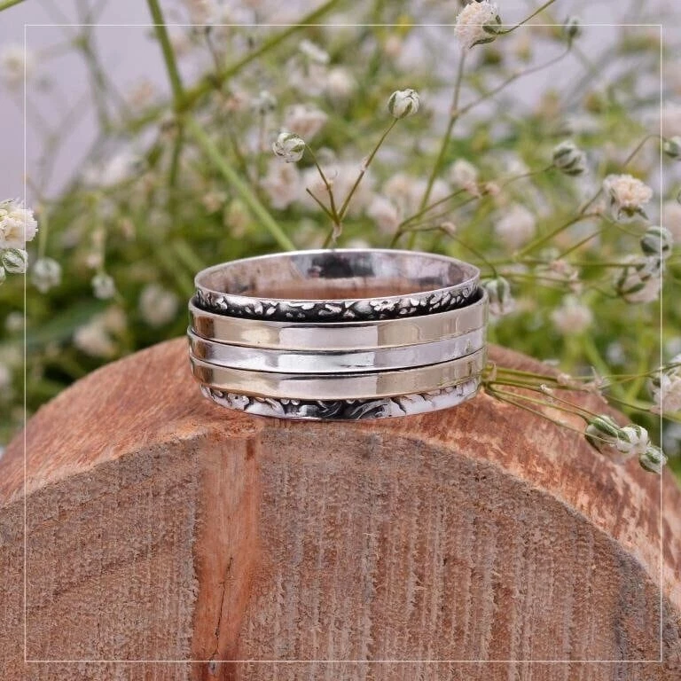 925 Sterling Silver Spinner Ring Dual Tone Fidget Ring Meditation Ring