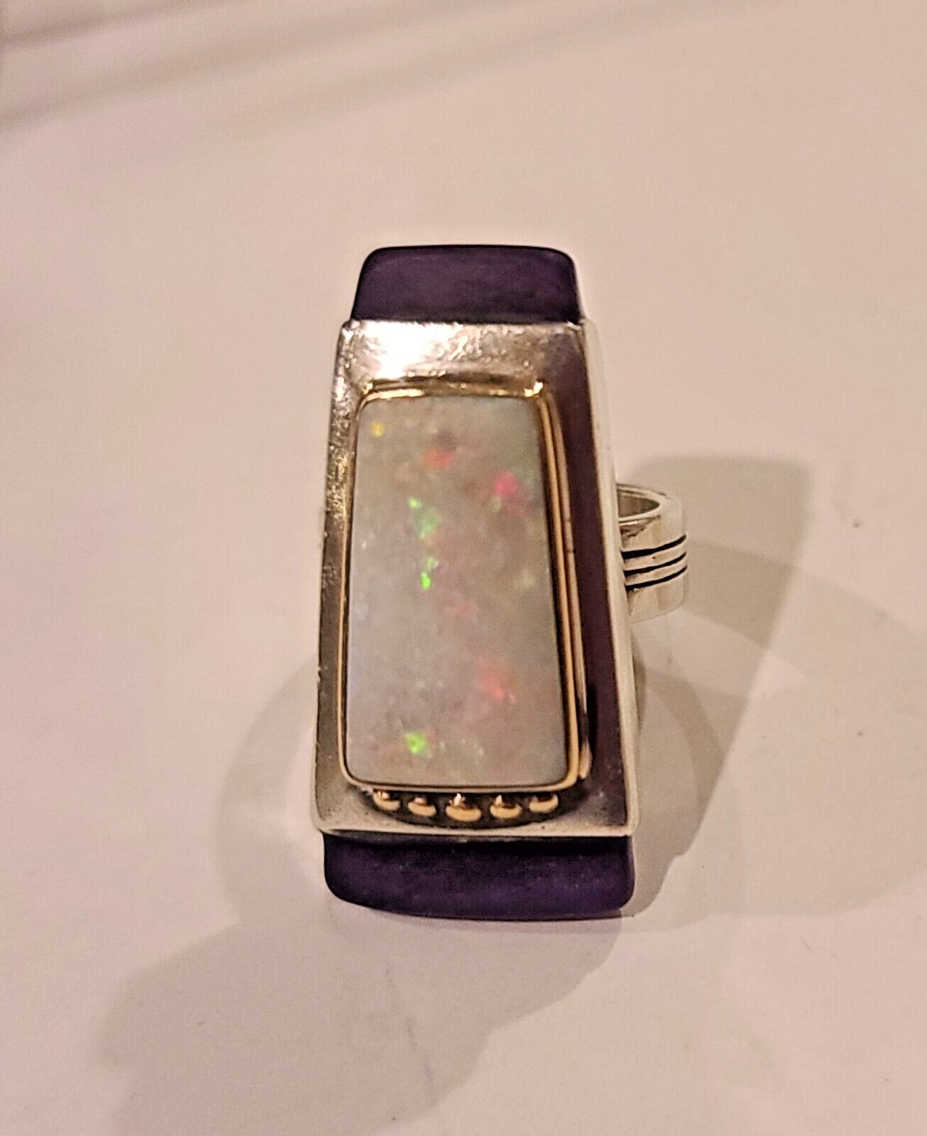 White opal and sugilite ring set in silver, trapezoid shape. Size 5.5