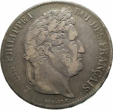 1834 FRANCE King Louis Philippe I French Antique Silver 5 Francs Coin i76113
