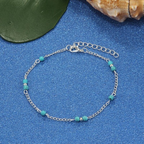 Cavigliera Cuore Argento 2 Strati Cavigliera Perline Turchese Margherita Catena Fiori - Foto 3 di 6