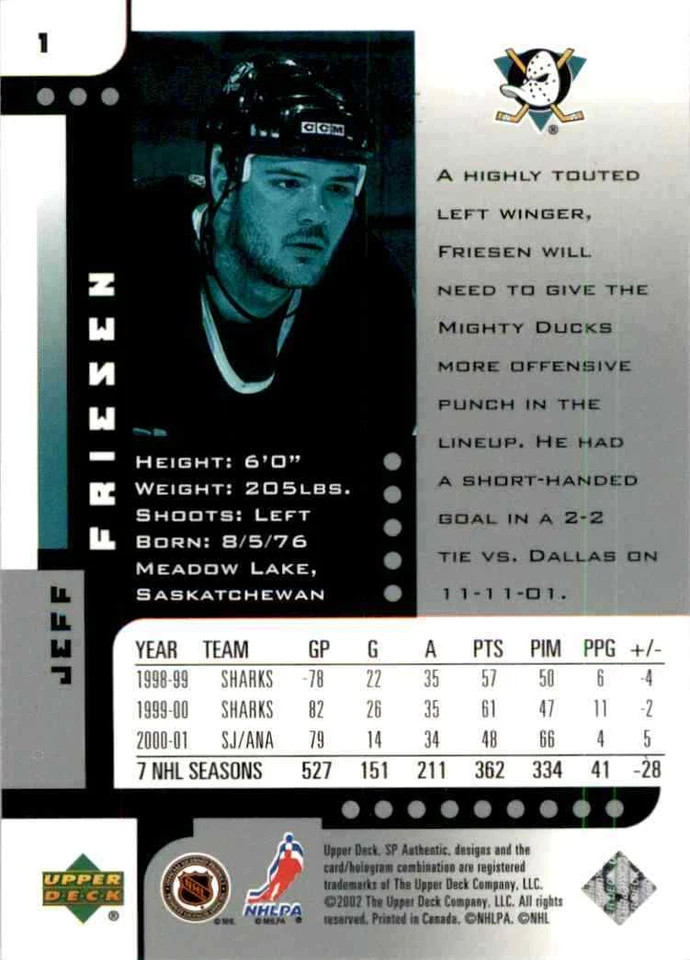 2001-02 Upper Deck SP Authentic Jeff Friesen #1 - Image 2 of 2