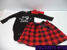 Little Sister Long Sleeve Top, Plaid Skirt, Red Sequin Headband Size 0-3 Month