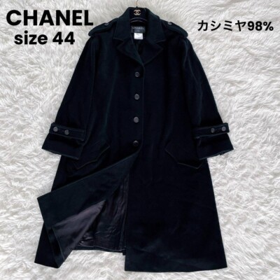 CHANEL Cashmere long coat tweed logo button black 44