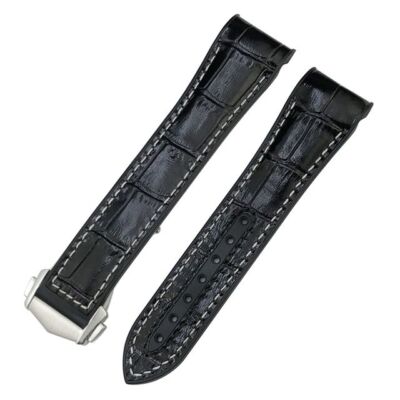 Fits Omega Semaster Planet Ocean 600 Black Leather Strap Rubber Lining Band 21mm