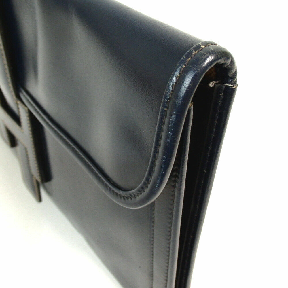 AUTH HERMES Jige PM Dark Navy Blue Vintage Box Calf Clutch