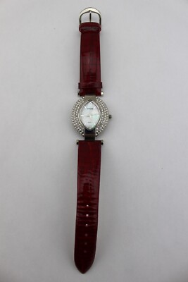 CHICO'S Silver Tone Red Croc Embossed Leather Rhinestone Mother Of Pearl Watch