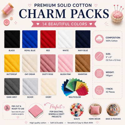 CraftsFabrics 100 % Baumwolle 42 Stck. Uni 5 Zoll x 5 Zoll Charm Packs Zum Selbermachen Baumwollstoff