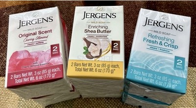 Lot of 6 (2) Packs of Jergens Mild Soap, Cherry Almond, Shea Butter+Fresh Crisp.