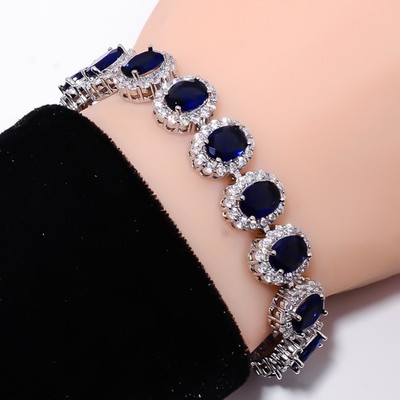 Blue Sapphire -Simulated, CZ 925 Sterling Silver Adjustable Bracelet 7-8'' B1822