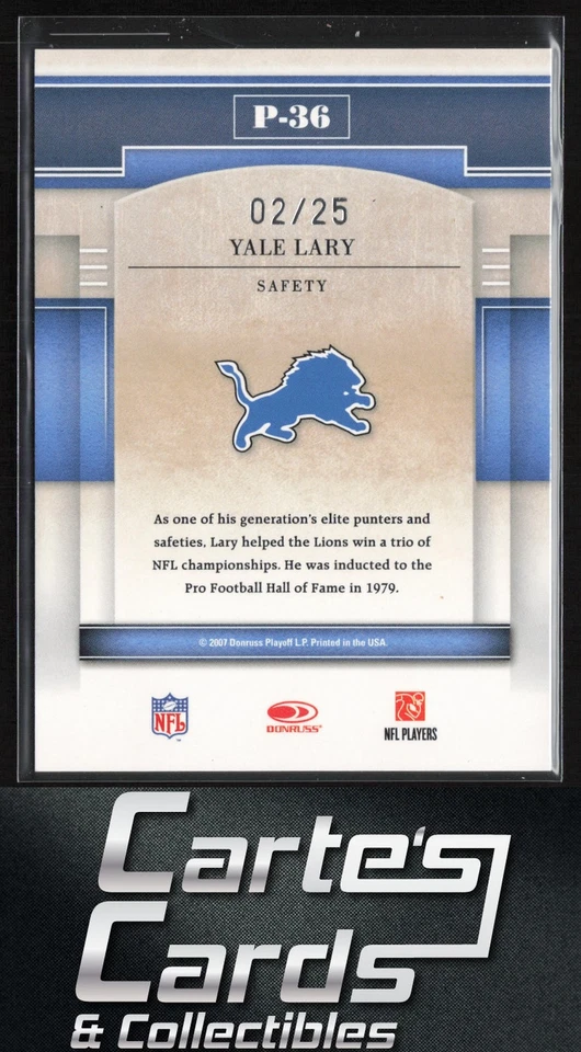 Yale Lary 2007 Donruss Gridiron Gear #P-36 Performers Platinum Lions HOF 2/25 - Image 2 of 2