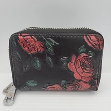 Womens RFID Blocking Rose Floral Print Double Zip Around Wallet