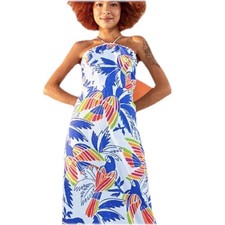 36 NWT FARM Rio Blue color birds midi dress XL linen viscose $198 Anthropologie