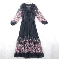 Vtg Maxi Dress Black Floral Chiffon Balloon Sleeve Pleated Y2K Fairy Whimsigoth