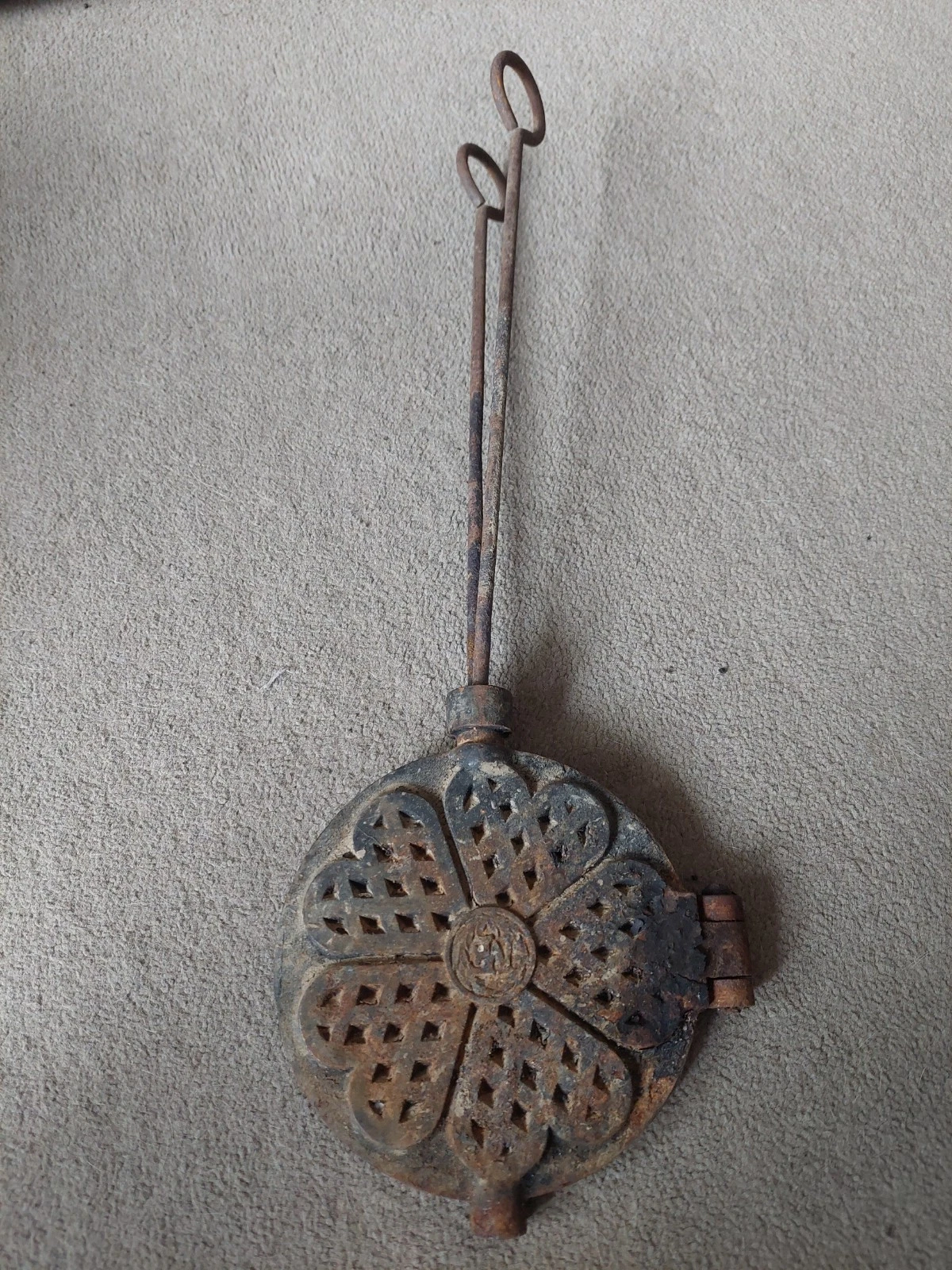 Antique French Cast Iron Long Handled Waffle Iron With Heart Design