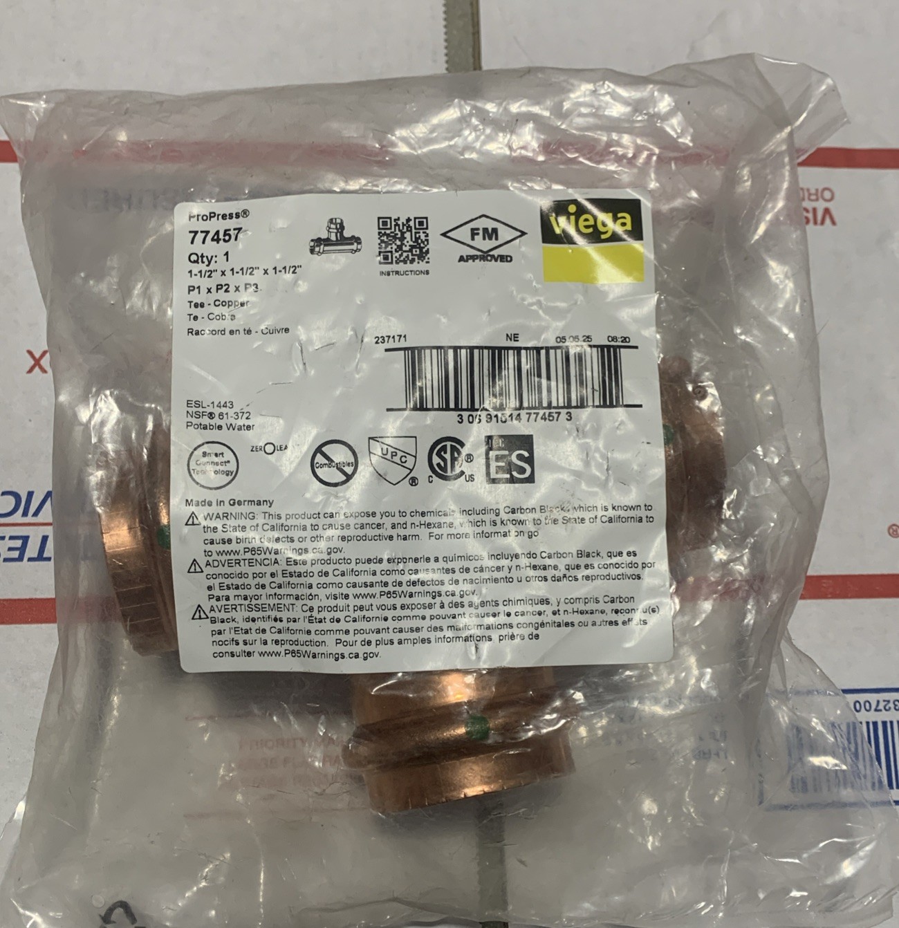1-1/2” 77457 VIEGA ProPress Tee PxPxP Copper Tube Pipe Press Tee Fitting 2918