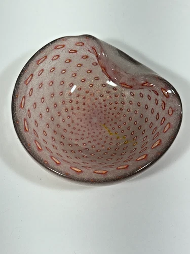 VTG BARBINI Murano Art Glass BULLICANTE Bowl Pink w/ Gold Aventurine Italy