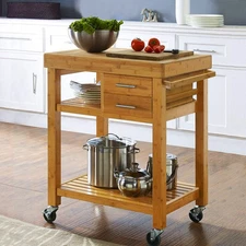Rolling Bamboo Kitchen Island Cart Food Prep Trolley, with Towel Rack Drawers