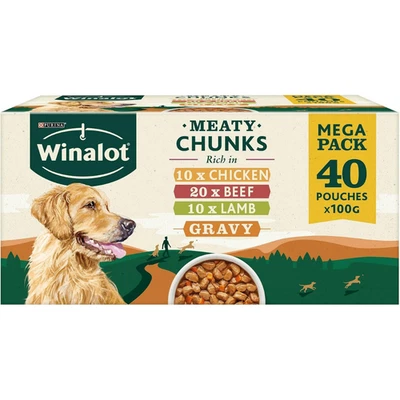 BRANDED WINALOT Meaty Chunks Mixed in Gravy Wet Dog Food Pouches 40x100g