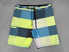 Hurley Phantom Board Shorts Mens 36 Green Blue Plaid Swim Trunks Surf Quick Dry