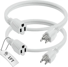 1 FT Extension Cord White, 2-Pack Short Power Cord, Indoor/Outdoor 16 Gauge 3