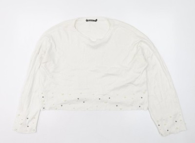 Stradivarius Damen Pullover Pulli weiß Rundhals Acryl Größe S
