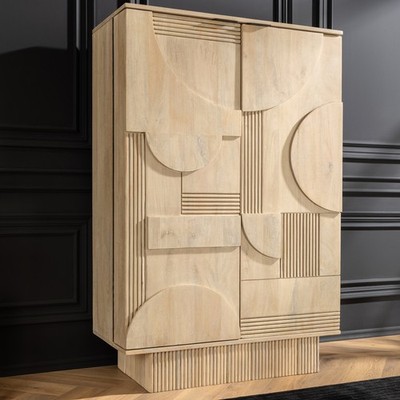 Massivholz Barschrank ART DECO - 140cm - weiß gekälkt - Mangoholz - 3D-Front