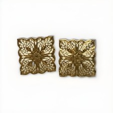 Estate Vintage 14K YELLOW GOLD FILIGREE Scallop Edge Square Lace EARRINGS