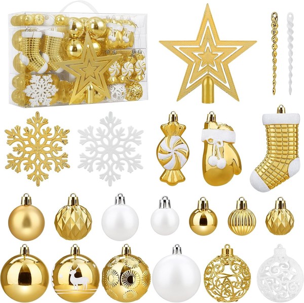 Weihnachtskugeln Set 128Er Kunststoff Gold Weiß Mit Baumspitze Stern 128 StüCk-image