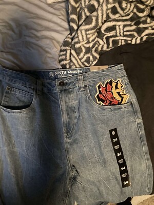 Ninth Hall Ambush Jeans Embroidered Dragon Blue Denim Size (38X30) 90's Y2K Look