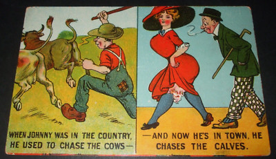 1914 Comic vollbusige Dame Blitze Strümpfe Höschen beim Mann, der Kühe oder Kälber jagt
