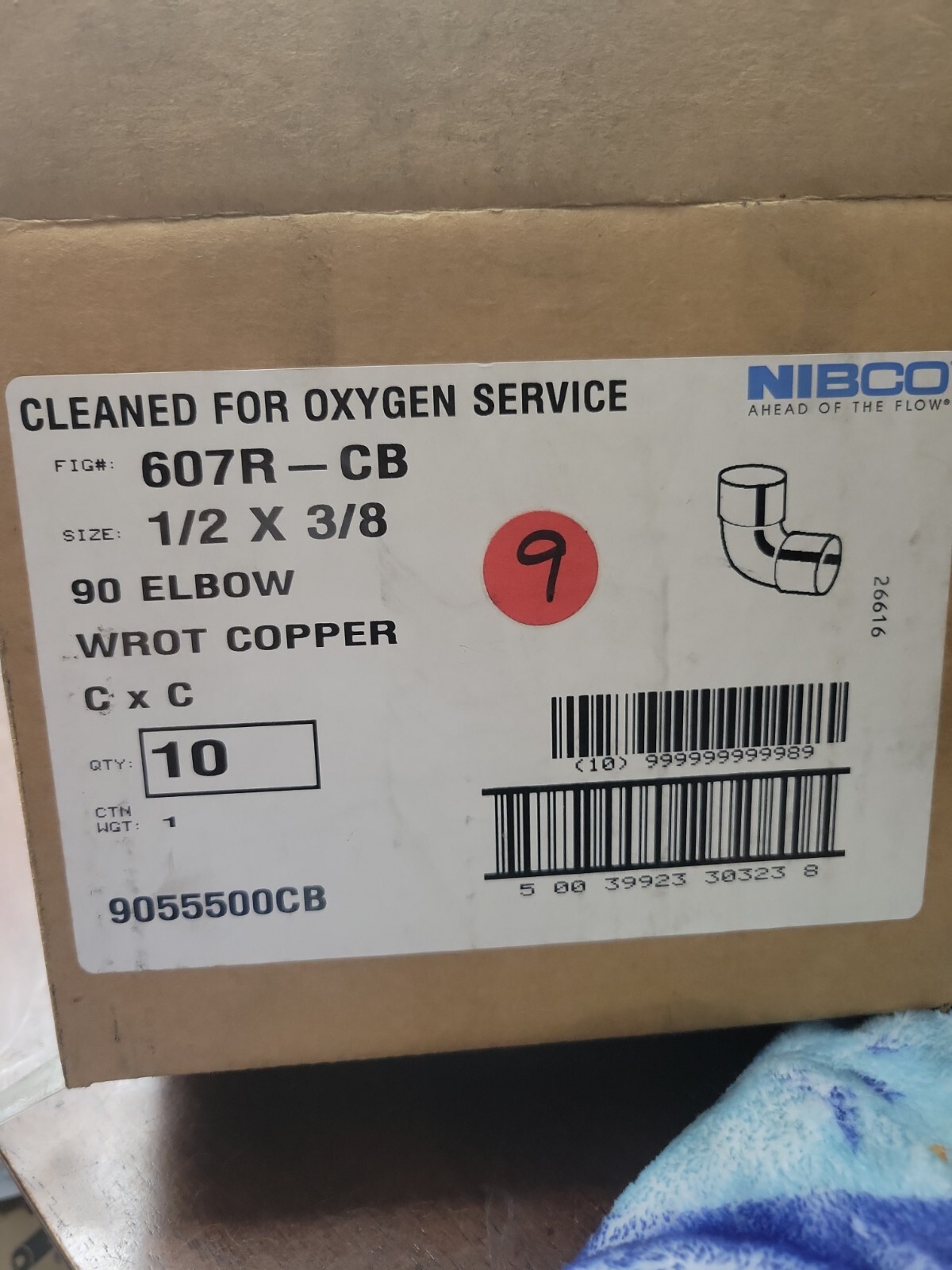 Box of 10 NIBCO 607R-CB 1/2" x 3/8" 90° (1/4 Bend) Solder Pressure Elbow 9055500