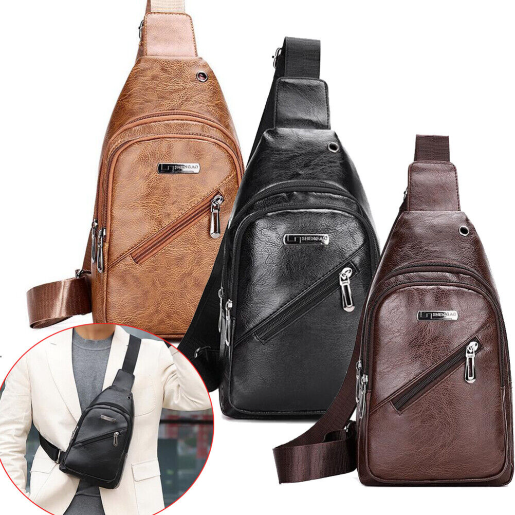 Genuine Leather Sling Bag For Men & Women - Cowhide Crossbody Chest Bag, Adjustable Shoulder Strap, Multiple Pockets, Medium Size Coffee Brown