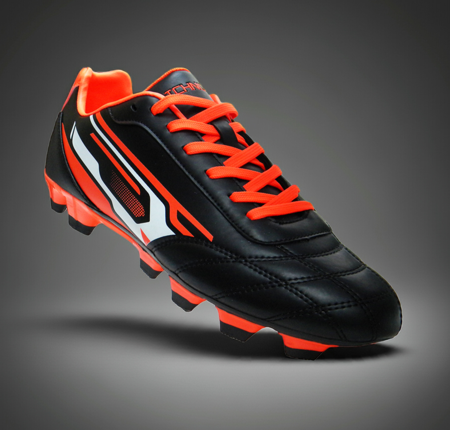 Football boots FG firm ground moulded studs black orange Ichnos