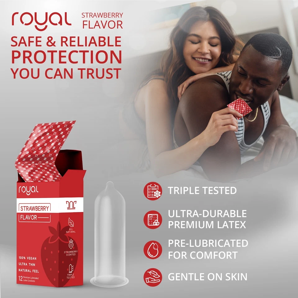 Royal Strawberry Flavored Condoms Ultra Thin Vegan Latex 12 Pack - Image 2 of 4