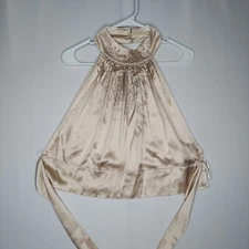 Boutique Europa Silk Halter Top XL Gold Satin Pleated Sequin Mock Tie Open-Back