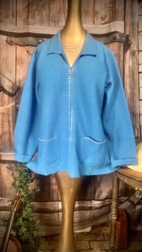 Quacker Factory Sweater Jacket 100% Wool Bling Zip Rhinestones Cardigan L XL Top - Afbeelding 1 van 12