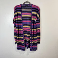Saks Fifth Avenue Cardigan Sweater L Silk Linen Knit Striped Purple Pink Open