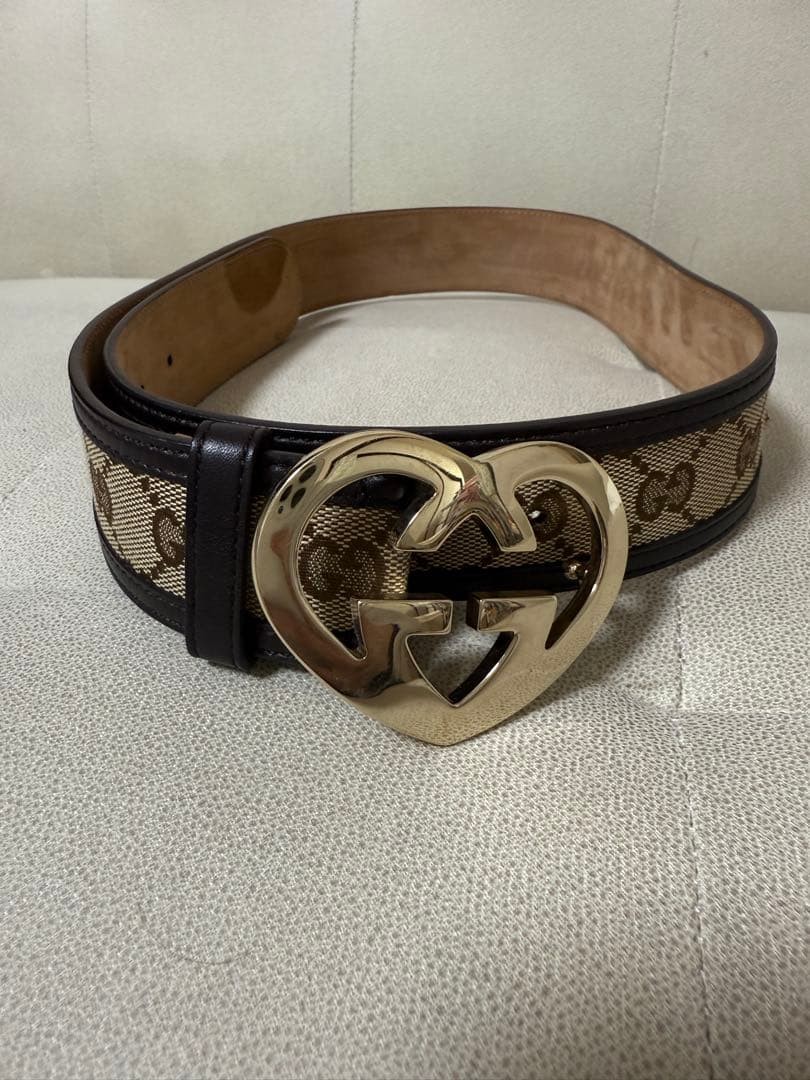 GUCCI Heart Buckle Belt Beige Brown Canvas Leather 85/34 | eBay
