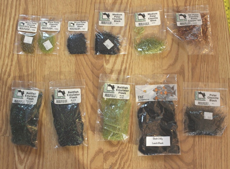 Eleven Packages of Polar Chenille and  Baitfish Emulator Flash Various Colors