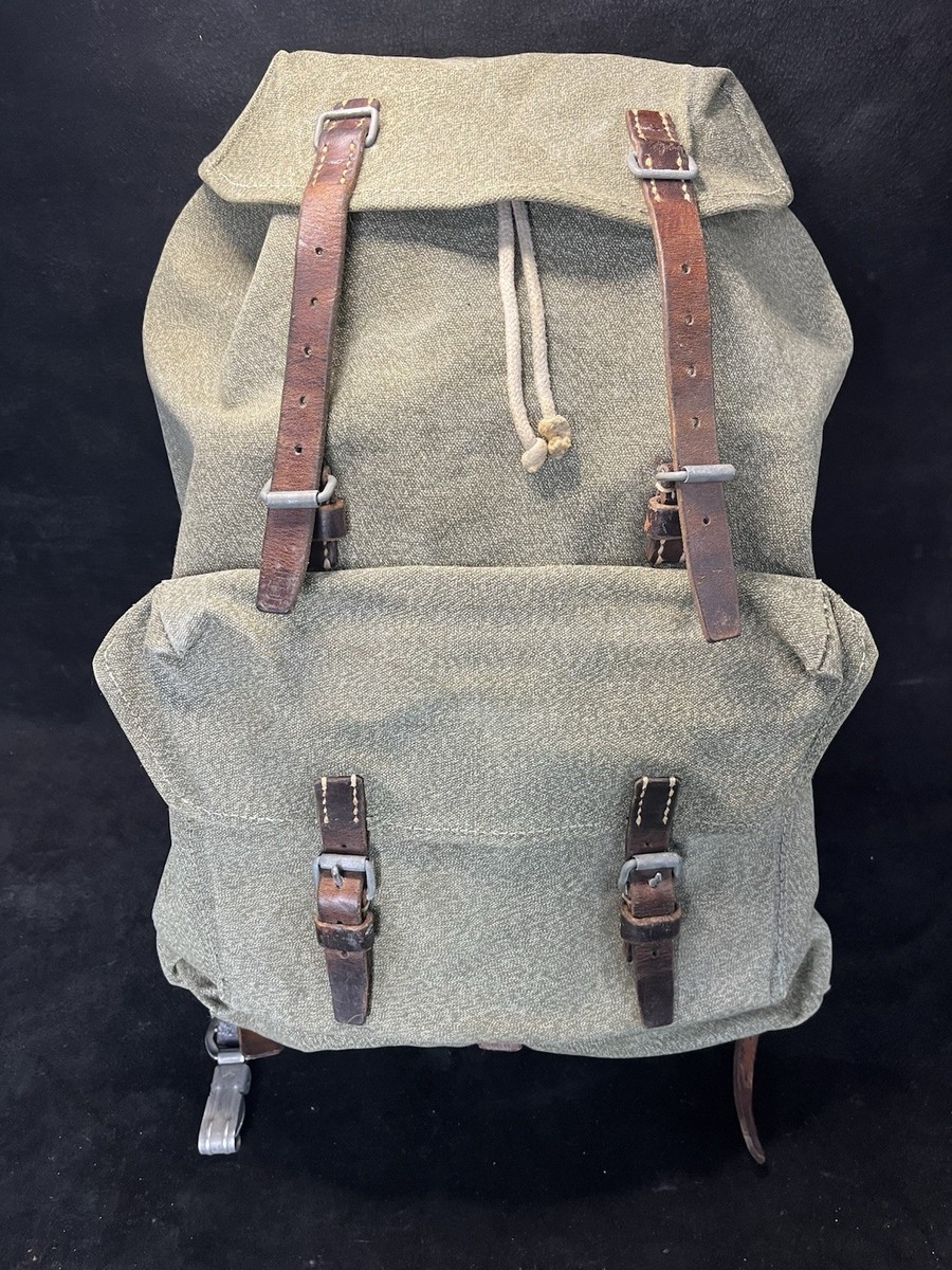 Vintage Swiss Army Military Mountain Backpack Canvas Leather Salt