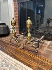 Solid Brass Fireplace Andirons w/ Log Holder – 3-Log Capacity (Matching Pair)