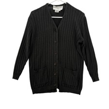 Adrienne Vittadini Cardigan Sweater Womens Petite P Black Button Front Pockets