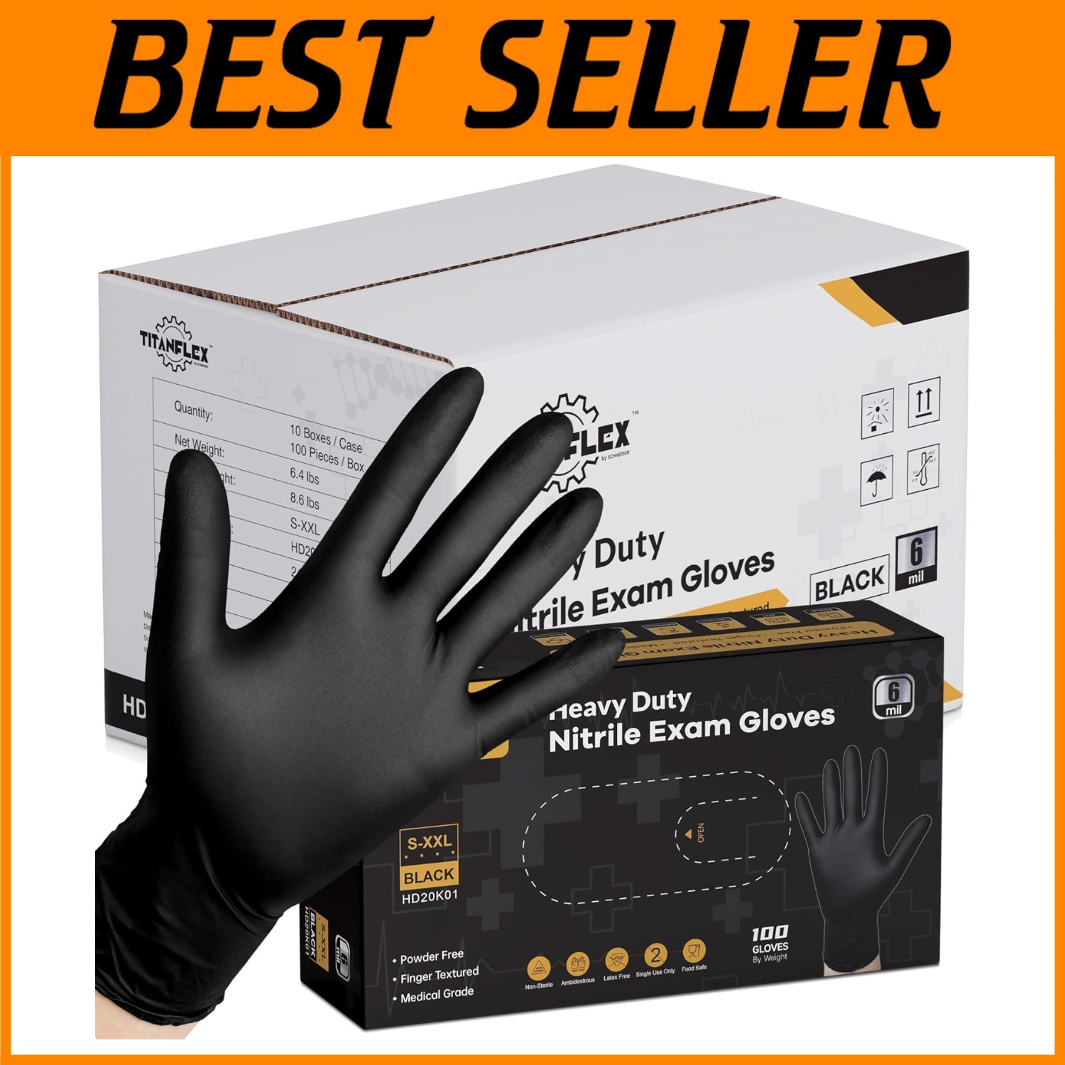 Multipurpose 6-Mil Black Nitrile Disposable Gloves - Ideal for Food & Industry