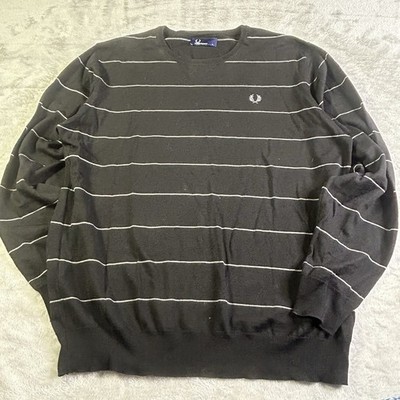 Fred Perry K9239 Men s Merino Wool Crew Neck Sweater Black White Striped Size L