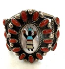 NAVAJO RHB Roland Hogan BEGAY Sterling & Coral MOP Inlaid Kachina  Cuff Bracelet