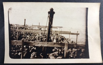 Postcard Private Photo as PK - Danube Ferry Kovin / Kovevora with Soldiers - WW1 1915